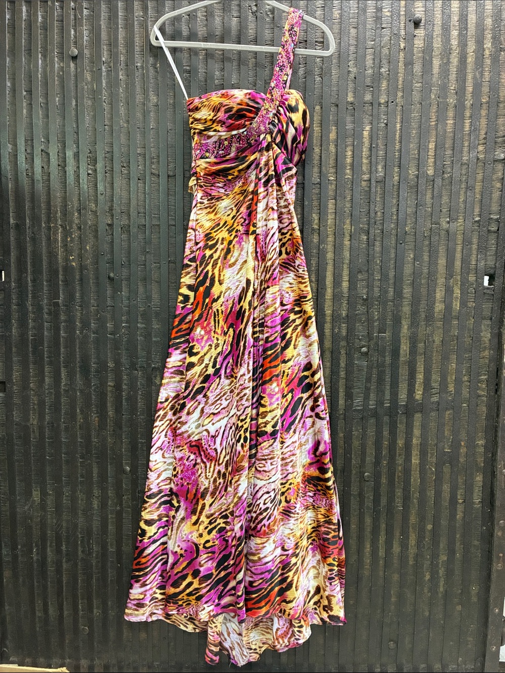 Deb One-Shoulder Animal-Print Evening Gown in Pink and Gold